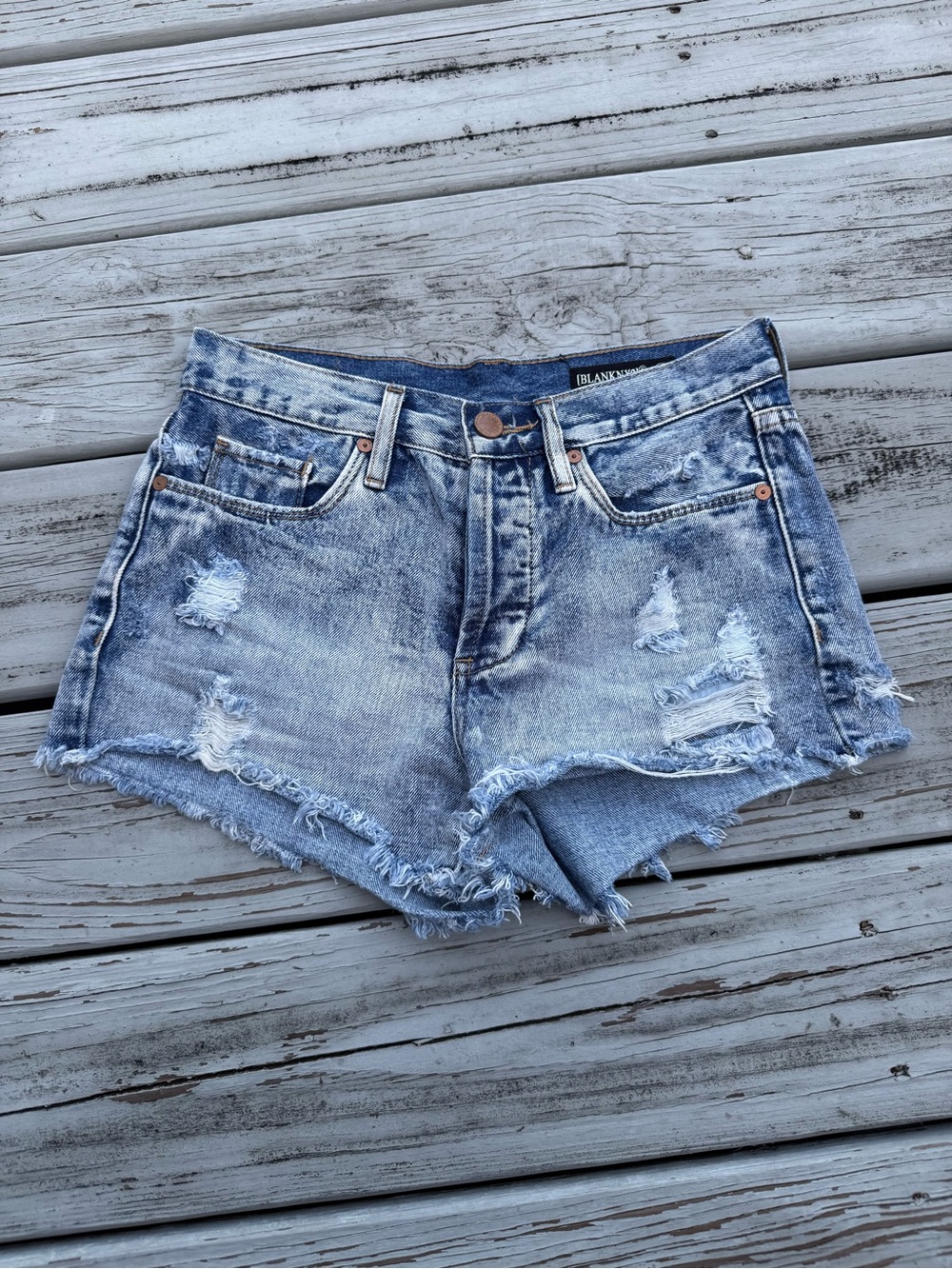 BLANKNYC Women's Hollyweird Distressed Denim Cutoff Shorts Blue Size 24 Mid Rise